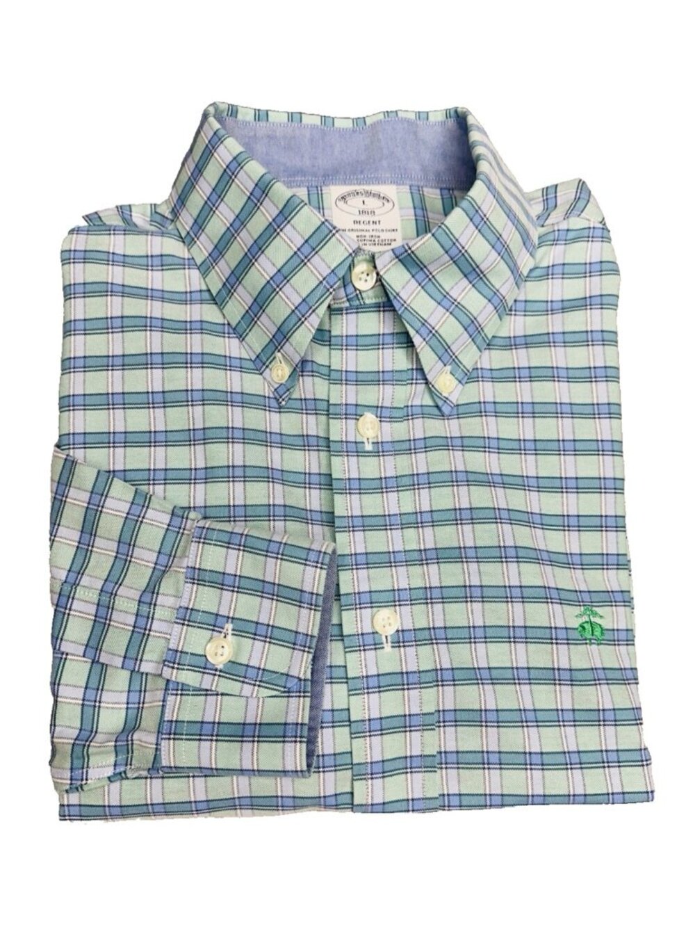 EUC Brooks Brothers REGENT Shirt Sz L Plaid Windowpane Teal Blue Supima Cotton